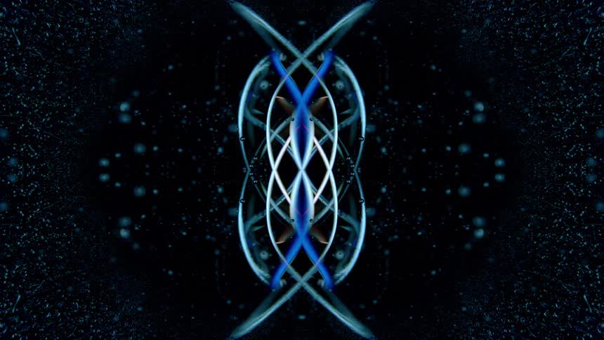 Symmetrical bluish abstract shapes glow against a dark background with luminous dots
