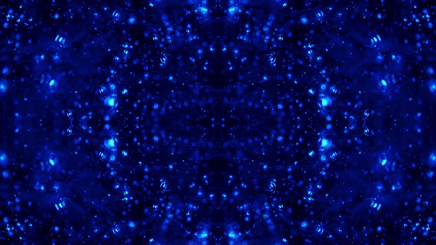 A bright blue kaleidoscopic pattern of symmetrical bursts moves over a dark blue background