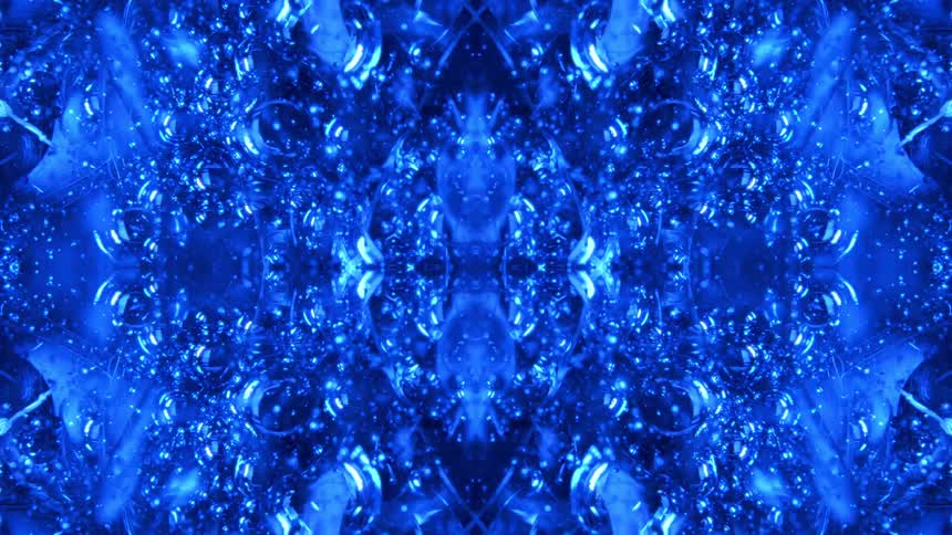 A blue abstract pattern pulsates and shifts on a black background with bubbles and spheres appearing and disappearing the design is symmetrical and looks like a closeup view of a microscopic world