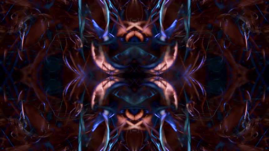 An abstract symmetrical design with a dark background and pulsating flowing lines is shown the shapes are a mix of blue and brownishorange with some resembling an x