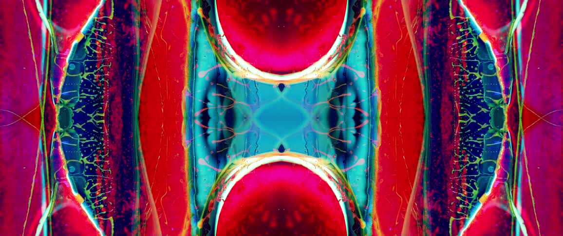 Symmetrical abstract composition blends vibrant tones of red blue and yellow