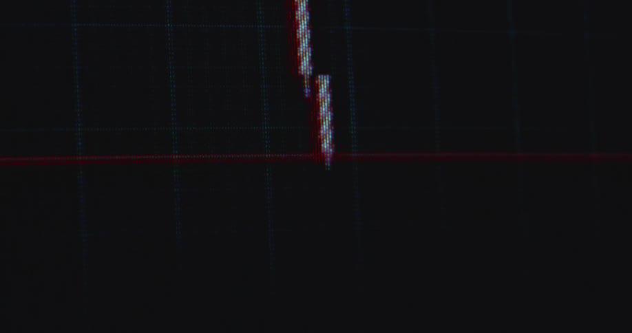 The pixelated computer screen shows the financial market reacting to a black swan event such as 9/11 causing a global economic crisis and crash followed by recession and great depression as the stock market collapses