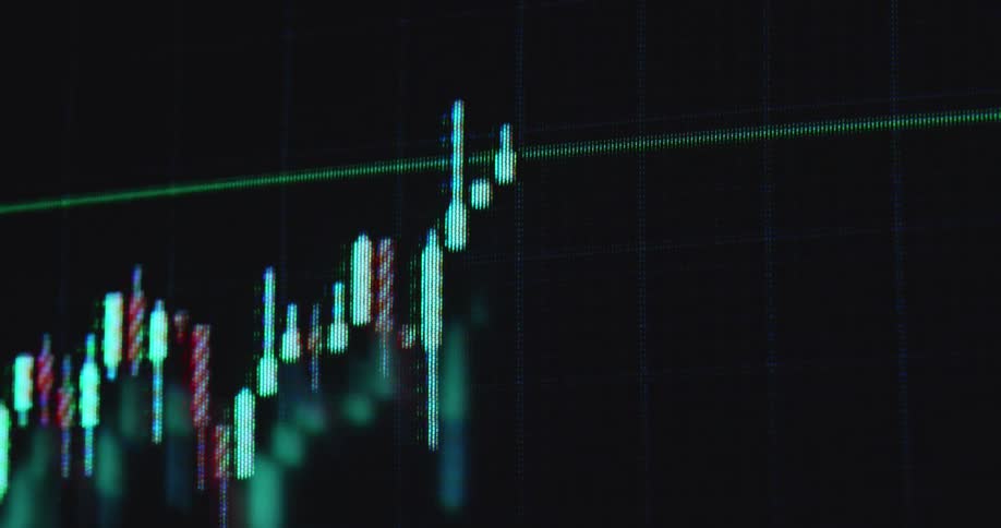 Volatile candlestick chart rises and falls to bottom of screen due to dramatic market crash or collapse causing panic and global economic recession providing great trading opportunities for day-traders that view volatility as opportunity and buy the dip