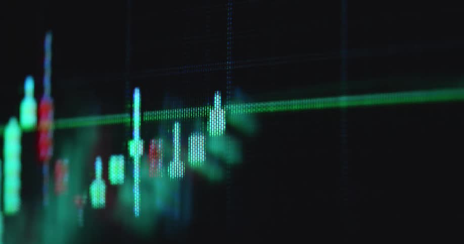 A pixelated smartphone or display device screen or monitor shows the user interface of a finance app or online broker and trading platform for buying and selling stocks and crypto currencies such as Bitcoin or ETH as the trading chart moves up