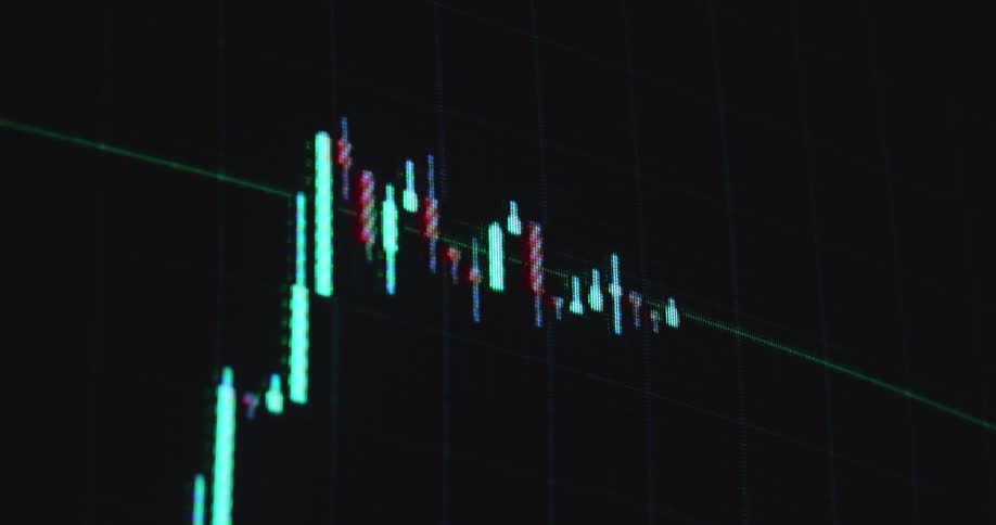 Dramatic upward perspective of Bull Flag chart pattern as the green candles break resistance to the upside and the stock or crypto currency goes on price discovery with positive upward movement and trend displayed on monitor of a professional broker