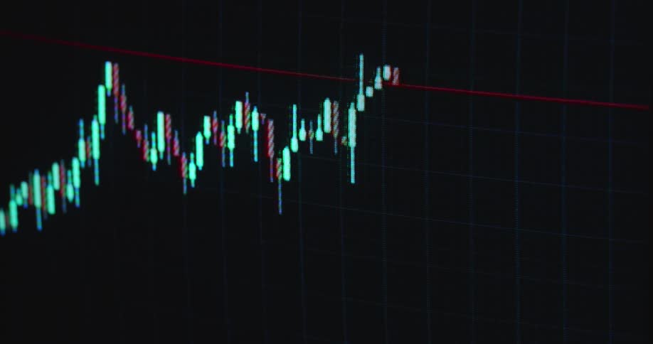 Screen displaying bearish financial market graph as candlestick chart crashes while stock and crypto currency markets decline and assets lose their value due to drastically decreasing and falling prices causing panic sales and recession with volatility