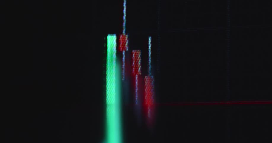 Candlestick chart line goes up and down slowly while green and red candles symbolize volatility and uncertainty in the financial markets providing opportunity for traders and brokers investing into stocks and shares or crypto currencies such as BTC or ETH