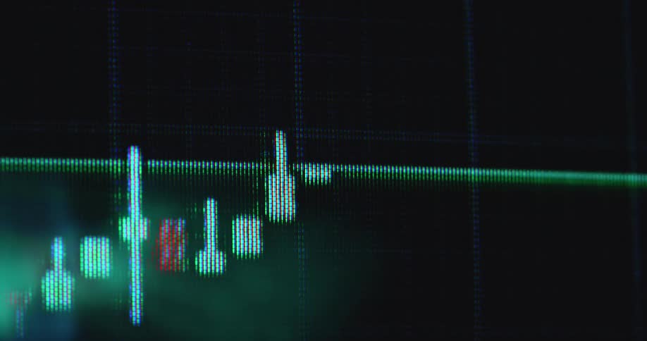 Dynamic macro footage with shaky hand-held camera movement of green and red candles of candlestick chart pattern with upward movement on a glowing financial trading graph with positive price development on dark screen or monitor