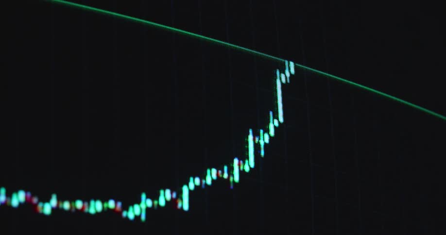 Candlestick trading chart showing upward movement in the financial market as the value of the MSCI World or SP 500 ETF increases as symbol for economic growth and success with dramatic upward perspective and no camera movement