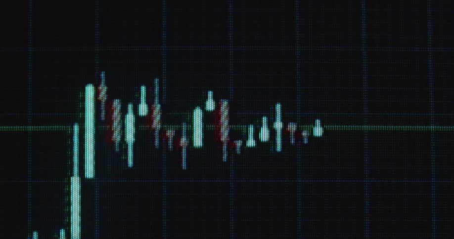 Pixelated candlestick chart on a screen or monitor panel forming a bullish flag pattern while the trading chart analysis shows that the graph is about to break resistance to the upside making the price of the stock or asset go up and increase in value