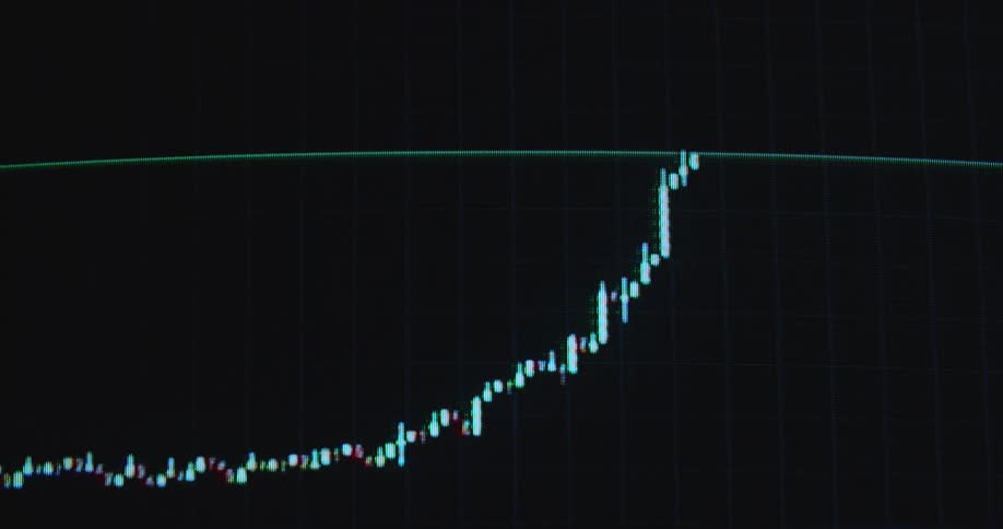 Pixelated RGB computer or display device screen presenting a candlestick trading chart with positive exponential price development as the green candles go up indicating a healthy global economy and stock market reaching new all-time highs