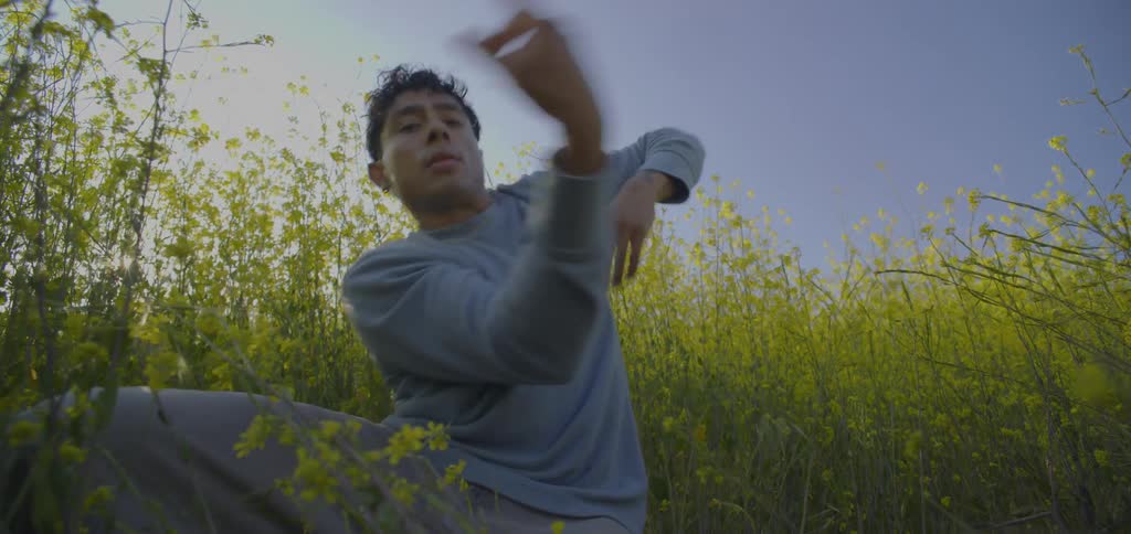 A young man sitting in a bush performing kung fu hand movements wearing a blue longsleeve shirt and a necklace at midday surrounded by bushes
