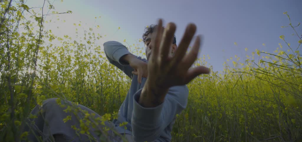 A man sitting in a field of yellow wildflowers actively moving his hands in expressive gestures as he looks directly into the camera