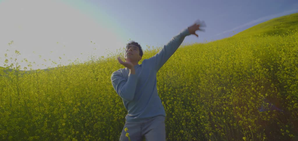 A young man in the bush at midday dancing with kung fu moves while wearing a sweatshirt