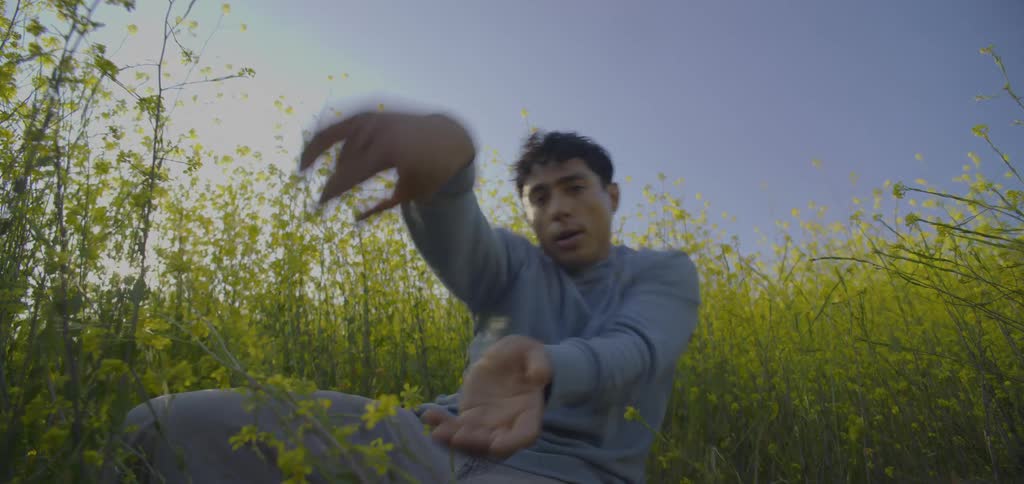 A lowangle shot shows a man sitting in a field of yellow flowers against a bright blue sky the man is wearing a gray longsleeved shirt and is performing a dance with a focus on quick rhythmic hand and arm movements