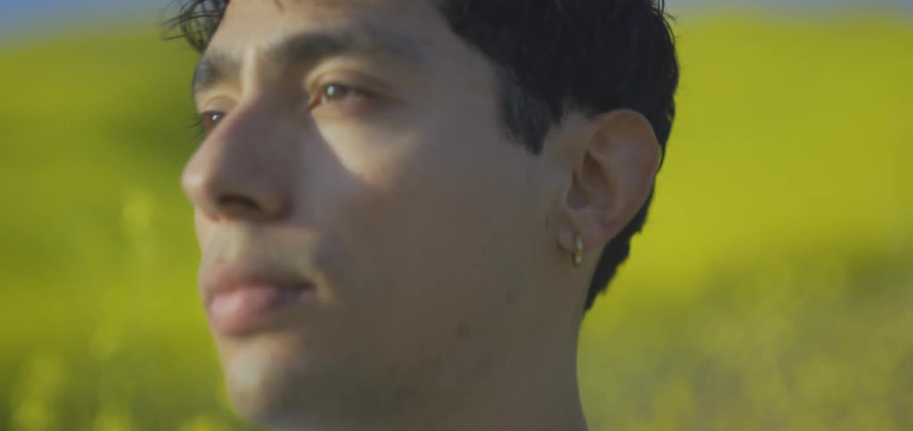A young man with dark hair and a gold chain sits outdoors against a blurred background of a vibrant yellow flower field the camera slowly zooms in on his face capturing his pensive and thoughtful expression as he looks away