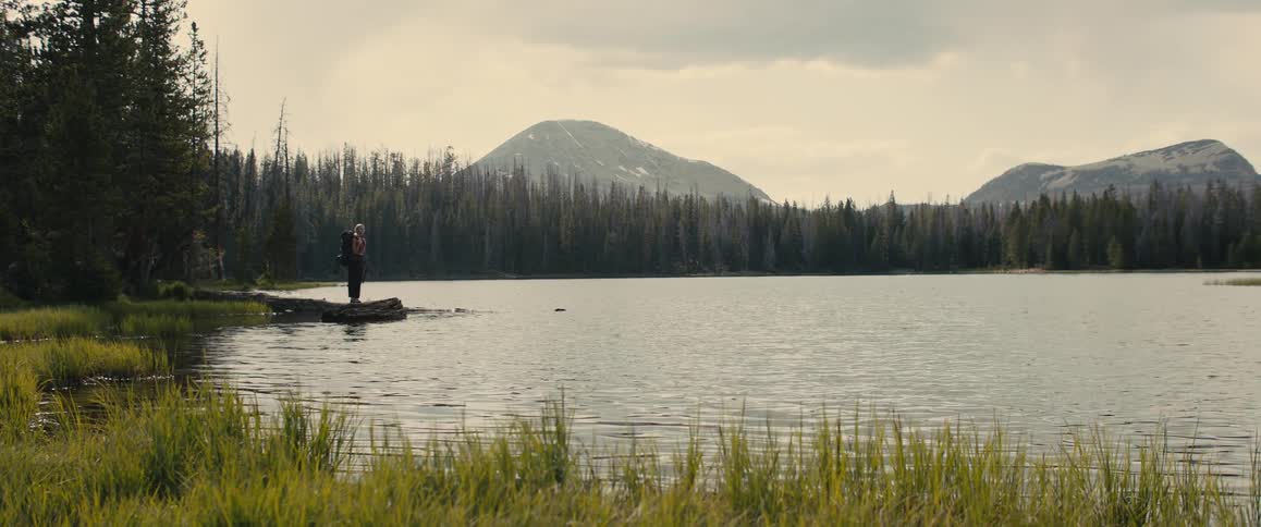 Person standing in front of a lake surrounded by conifers and mountains on the horizon