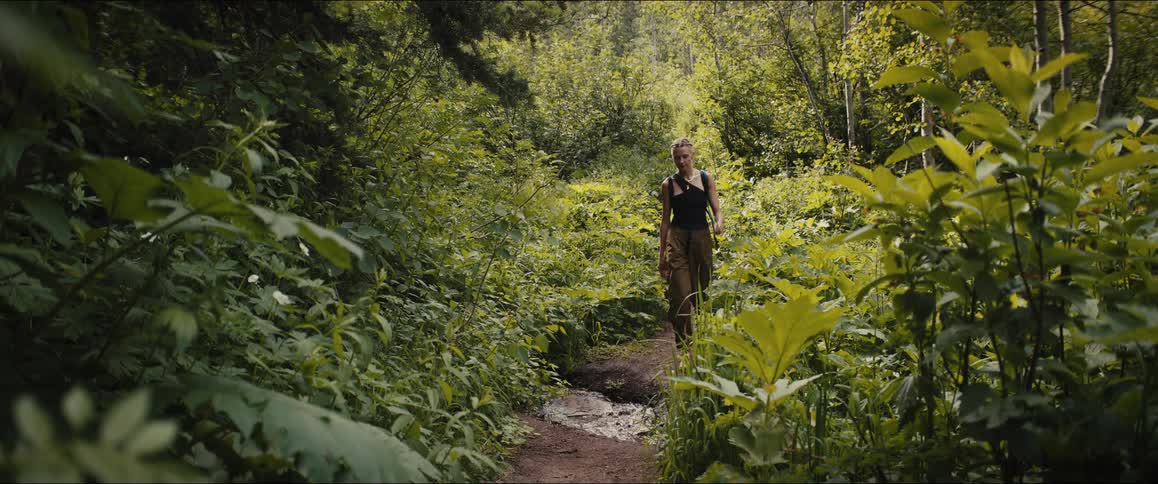 Blonde backpacker hiking on a path through the woods crosses a stream