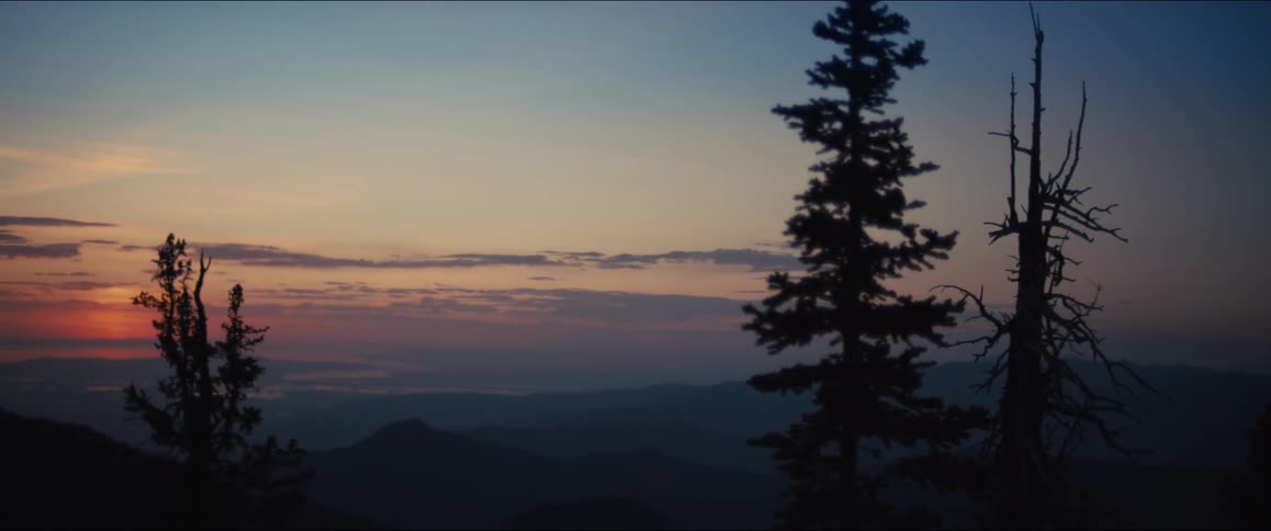 A scenic wide shot of a sunset or sunrise over a mountain range with the silhouettes of multiple trees in the foreground and a hazy mountain range in the background