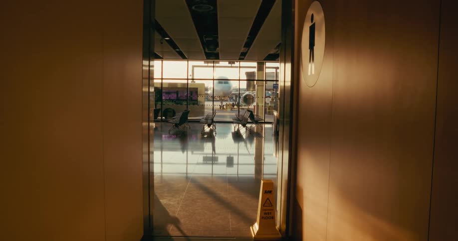 A view from an airport hallway shows a caution wet floor sign and a mens restroom sign leading to a sunlit waiting area with a large window overlooking an airplane on the tarmac