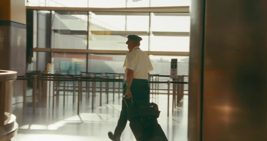 A uniformed airline pilot walks and pulls a black suitcase with wheels through a busy airport terminal with large windows and multiple people