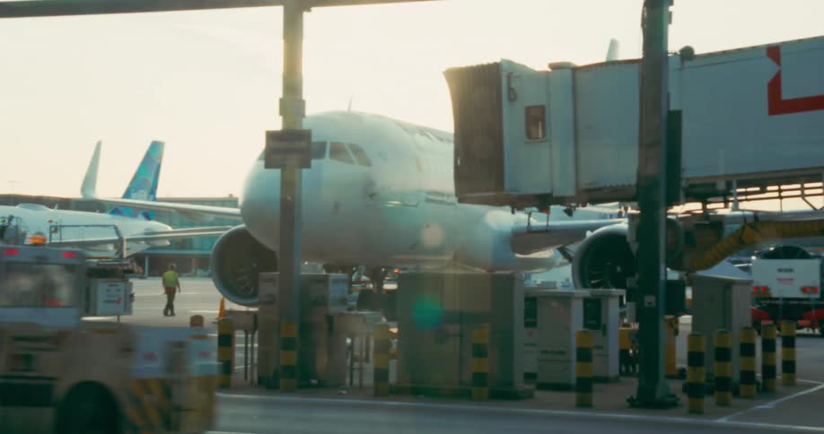 Small vehicle passing by an airplane on an airport apron