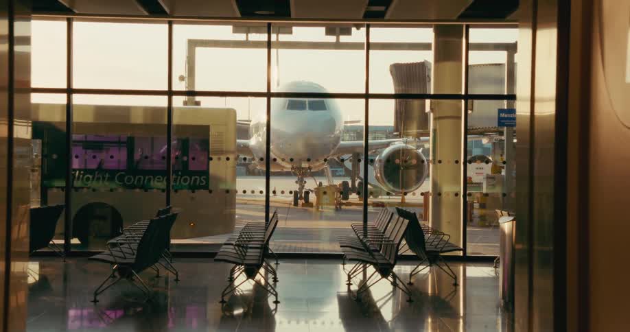 Lounge area of an airport with a bus and a plane parked and a truck driving by through the window