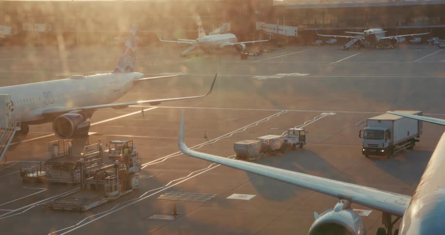 A person sitting in a parked airplane watches from a window as other planes service vehicles and people move about the tarmac on a sunny day