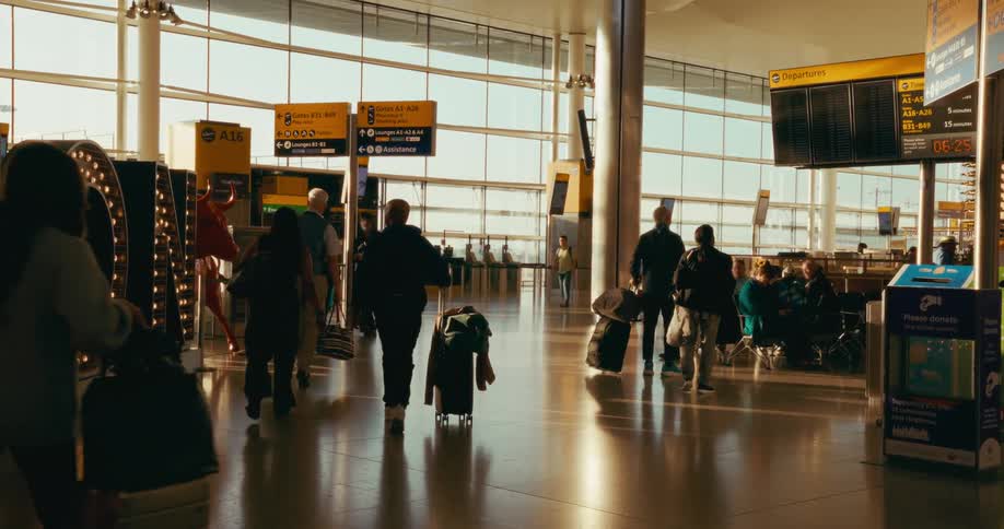 People with luggage walking or sitting at an airport terminal indoors during dusk or dawn