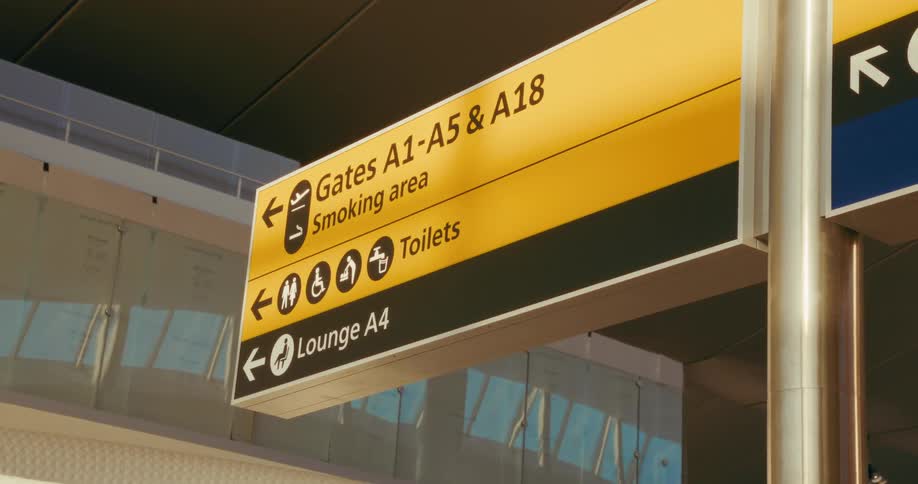Airport signage displaying gate directions