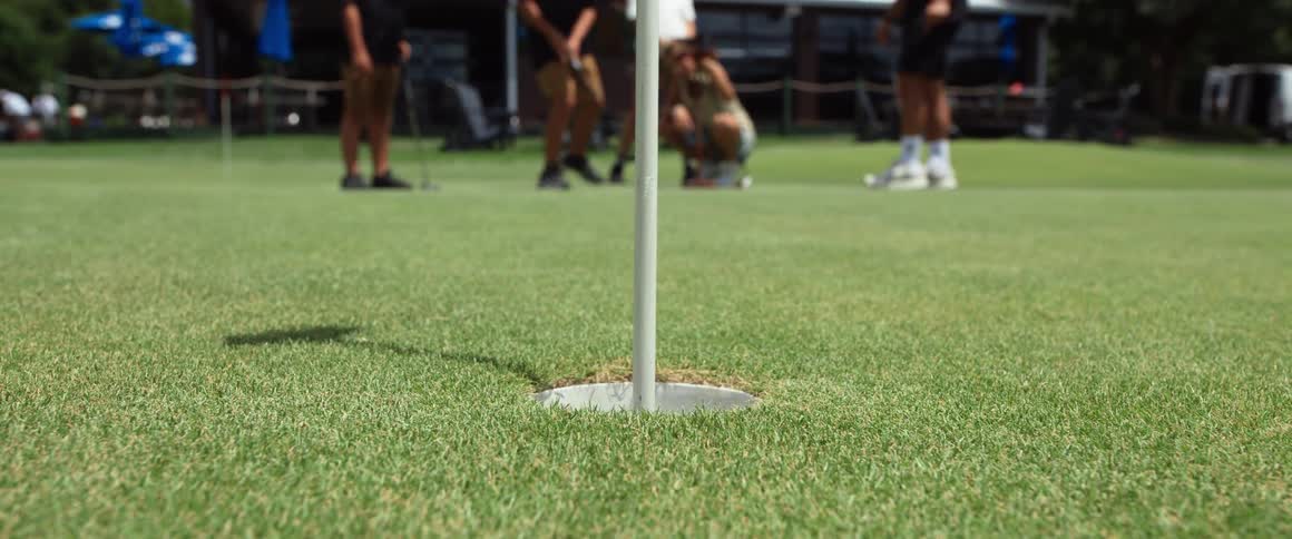 A group of friends playing golf as one of them sinks the ball into the hole with a golf club on the course