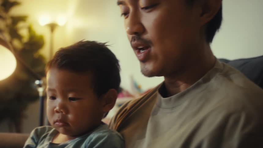 A father is reading a book to his family