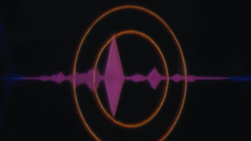 The video shows two horizontal lines one on top of the other that are animated like an audio equalizerthe top line is blue and purple with sharp jagged peaks and valleys the bottom line is a solid thinner magenta line with smoother peaks and vall