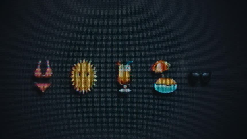 A series of summer-themed emojis including a bikini a smiling face with sunglasses a tropical drink a beach ball with an umbrella and a waving hand are displayed against a dark pixelated background
