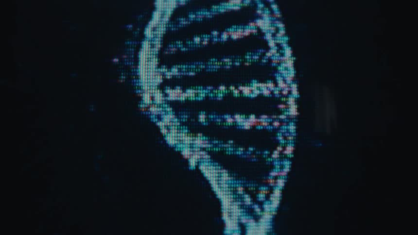 Screen displaying genetic code against a black background