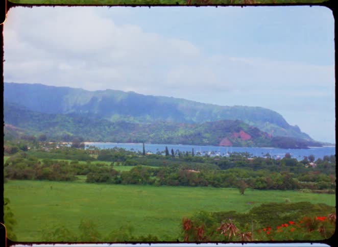 The shore is green with grass and trees