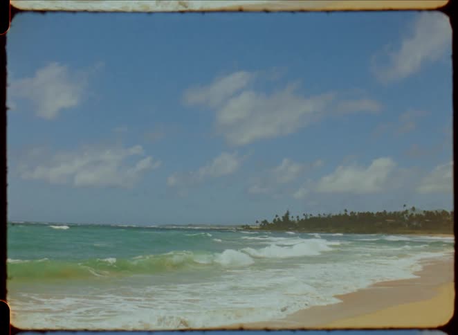 A body of water with waves moves towards a shoreline with sand and a line of trees under a sky with clouds