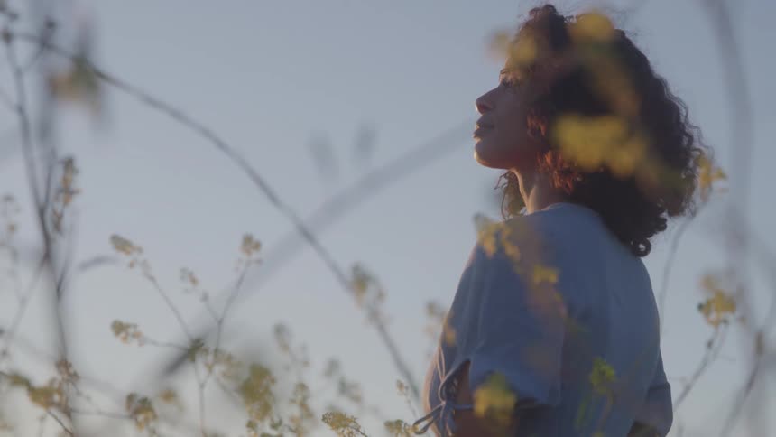 A woman stands in a field and looks up at the sky