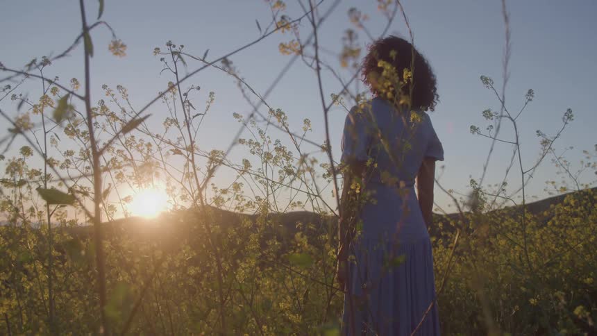 The woman stands in the tall grass at sunrise