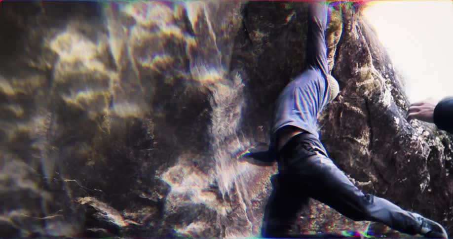 The first line is a closeup shot of a person rock climbing with a sense of struggle the second line shows the rock climber reaching the top of the wall with a helping hand and a sense of accomplishment