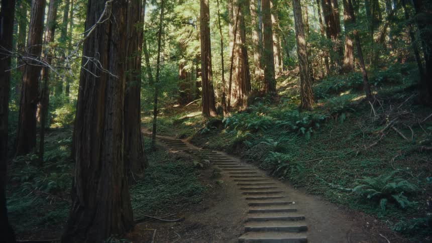 A video shows a path with stone steps winding through a lush forest sunlight streams through the tall trees highlighting the green ferns and foliage on the forest floor the shot begins slightly out of focus and then sharpens to reveal the scene clearly