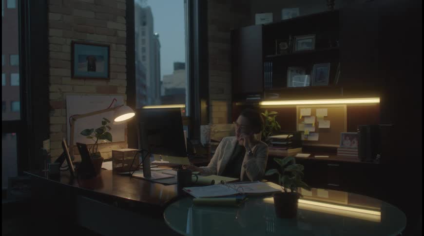 A woman sits at an office desk and works on the phone and the computer