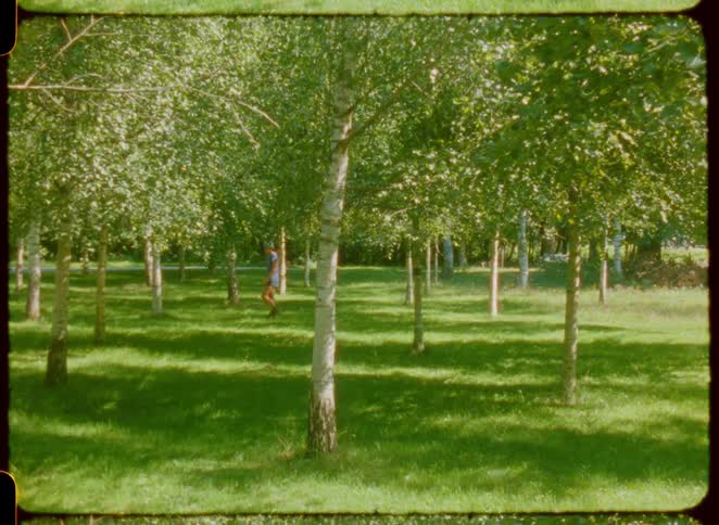 A young woman walks past farmland surrounded by trees at midday