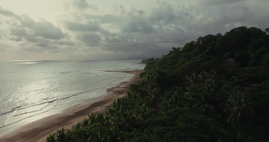 The camera moves over a coastline with waves coming to shore trees on the land and clouds in the sky