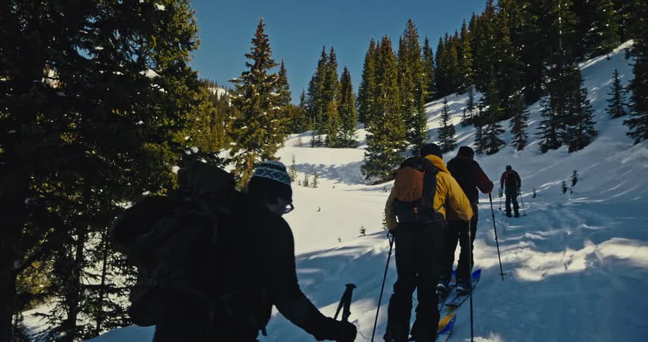 Four people on skis in single file walking up a snow covered mountain path between trees