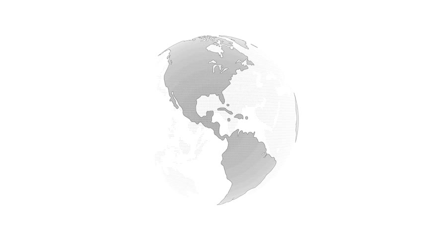 A black and white wireframe globe rotates to the left on a solid white background