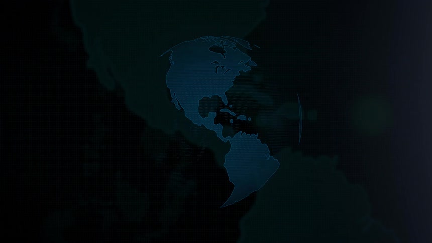 A spinning blue digital wireframe globe with glowing points of light rotates on a black background