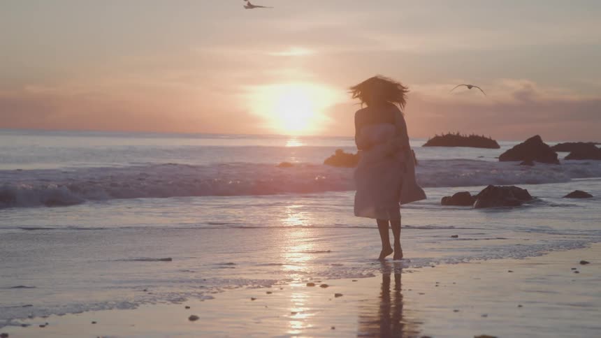 Silhouette of a woman in a dress walking on the wet sand of the beach at sunset