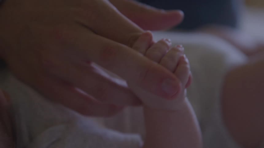 A close of a persons large hand holding the tiny hand of a small baby
