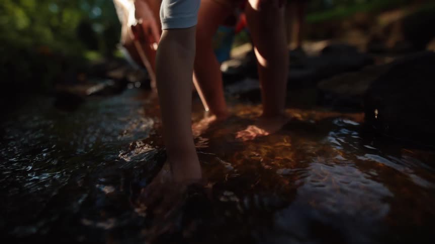 A group of people stands in a stream with their bare feet while water flows around their ankles